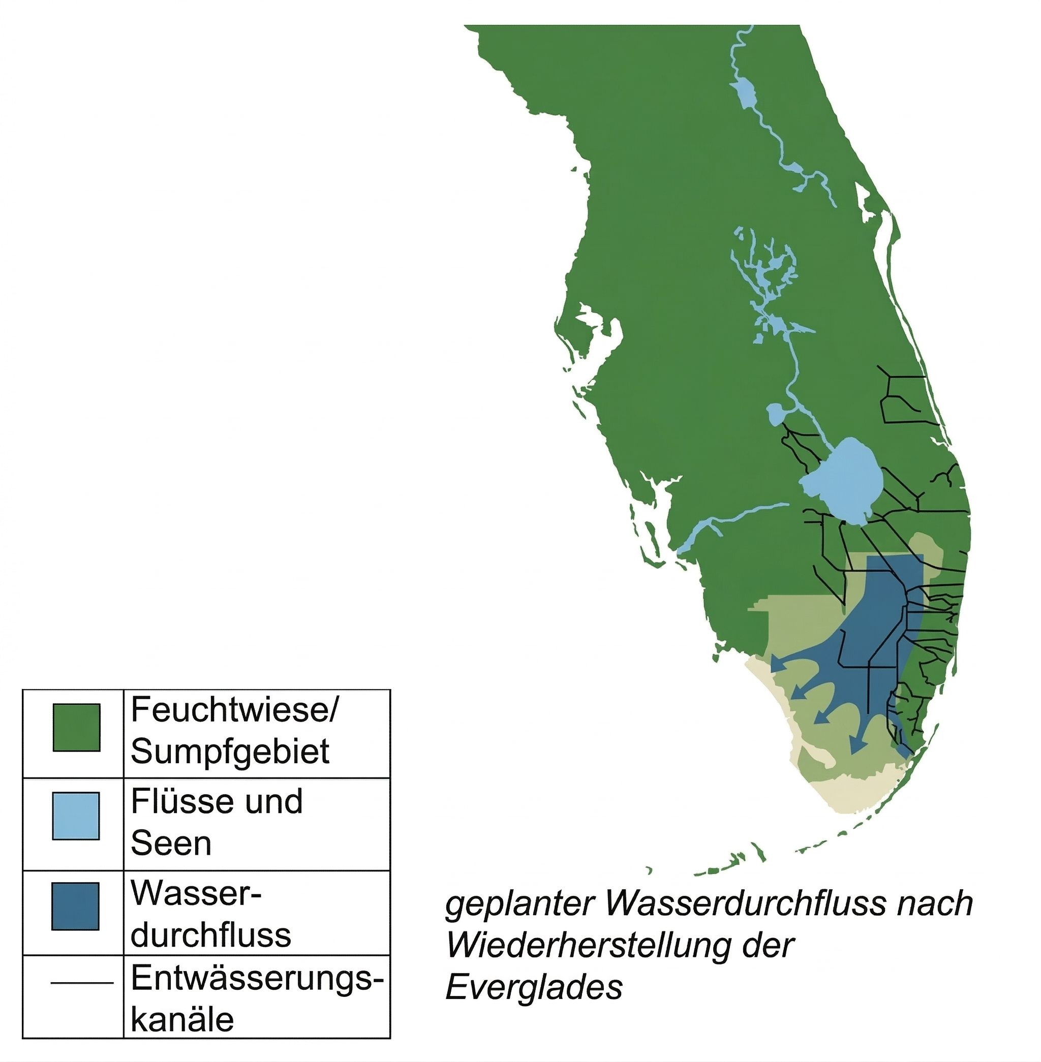 Karte von Südflorida mit Everglades, Sumpfgebieten, Seen, Entwässerungskanälen und geplantem Wasserdurchfluss
